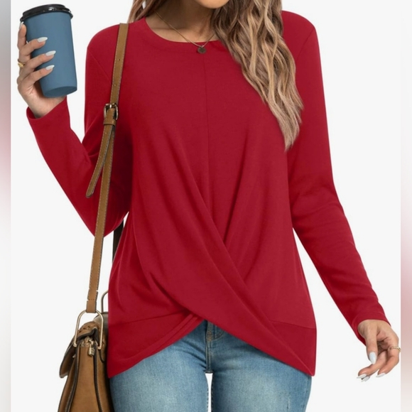 HotGi Tops - HOTGIFT Women's Long Sleeve RED Tunic Blouse Top Casual Front Twist T-Shirt- Lg